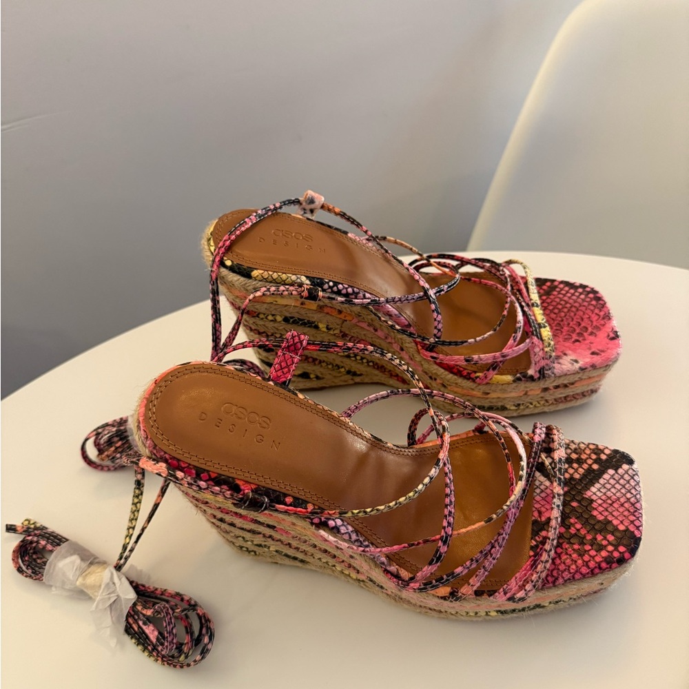 ASOS Pink and Black Snake-Print Espadrille Wedge Sandals